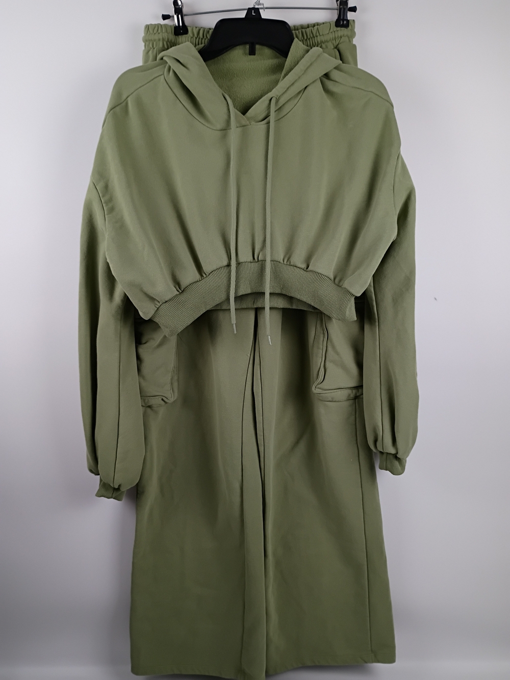 Fashion Nova Olive Green Hooded Trench Coat with Cropped Hoodie Layer